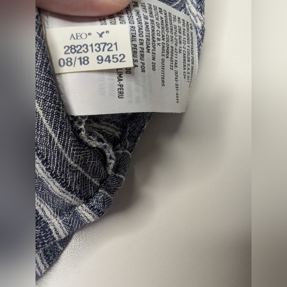 American Eagle Large Button Up Front Tie Long Sleeve Blouse Navy/Gray Stripe - Picture 9 of 13